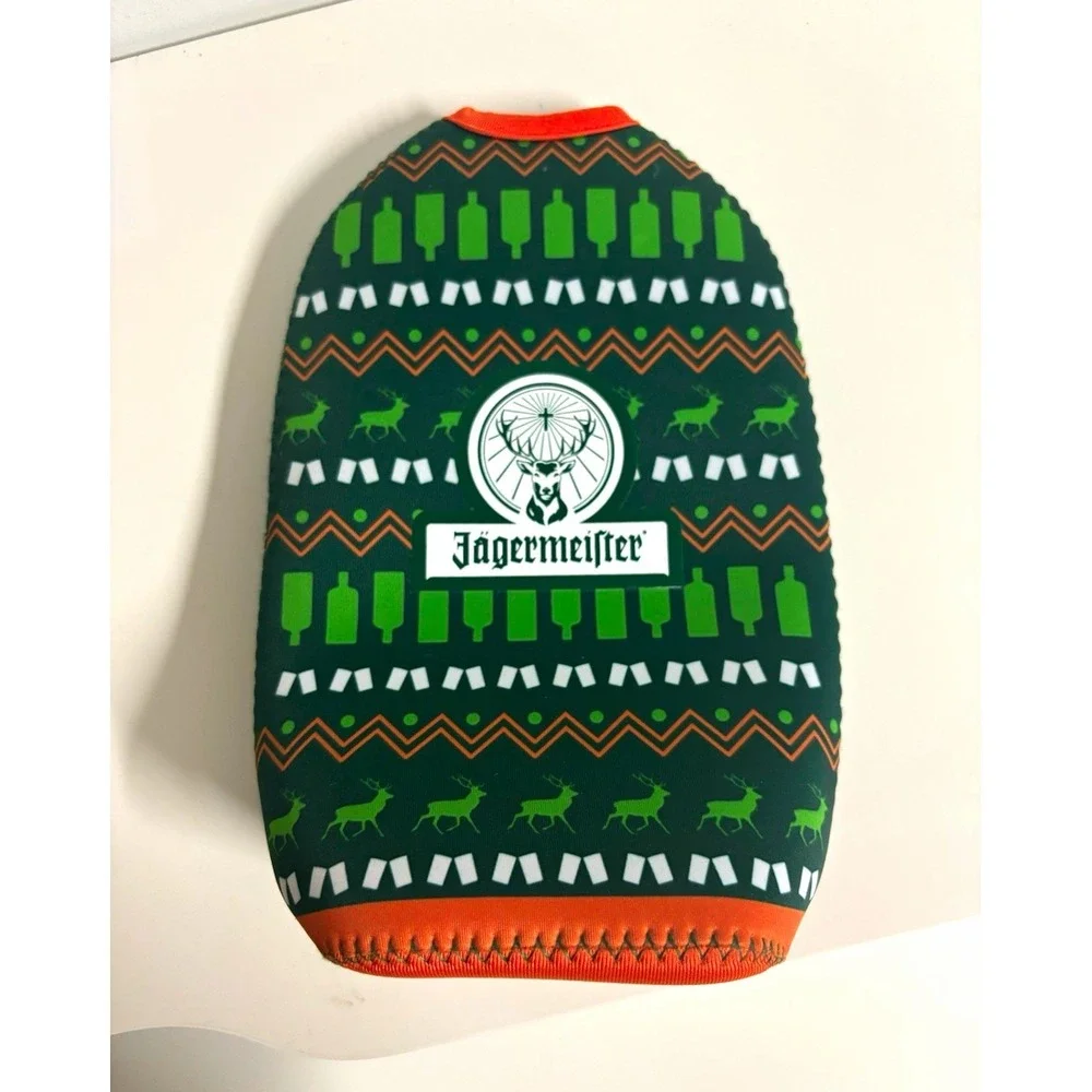 Jagermeister Bottle Cooler Zip Sleeve Holiday Theme Ugly Sweater 750ml Green